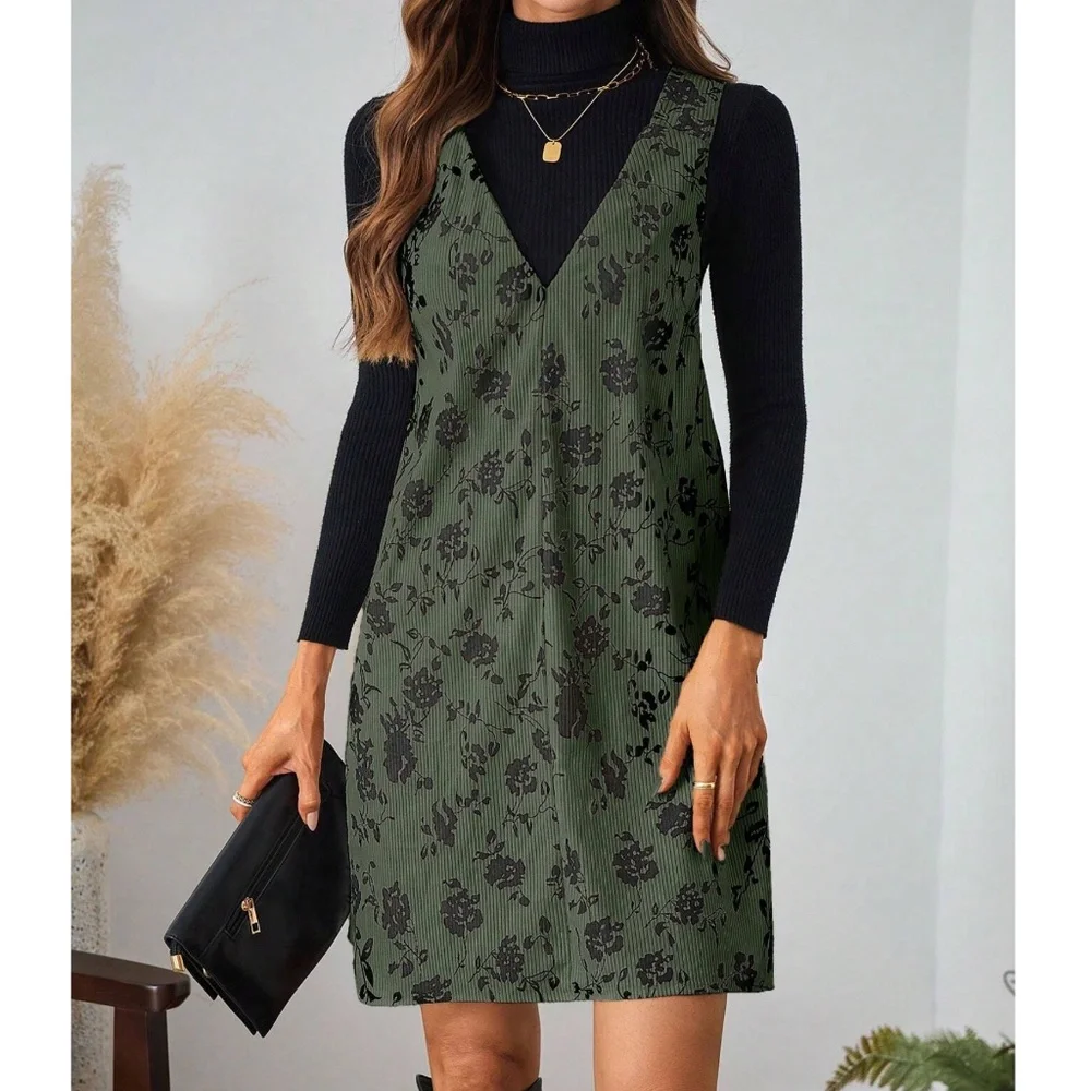 Boho Floral print Corduroy Sleeveless Mini Dress - Picture 5 of 6